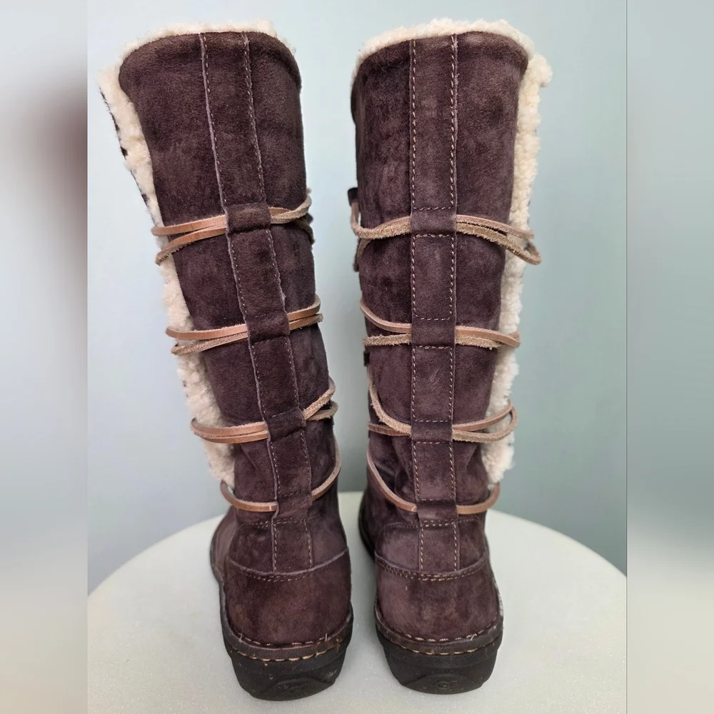 UGG Australia Mid-Calf Brown Suede Boots Shearling Trim Leather Lace-Up 7US/38EU